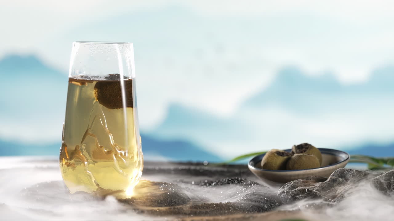 Glass teapot of Tranquil Tea still life film culture Moment: Aromatic Herbal Infusion Mountain View