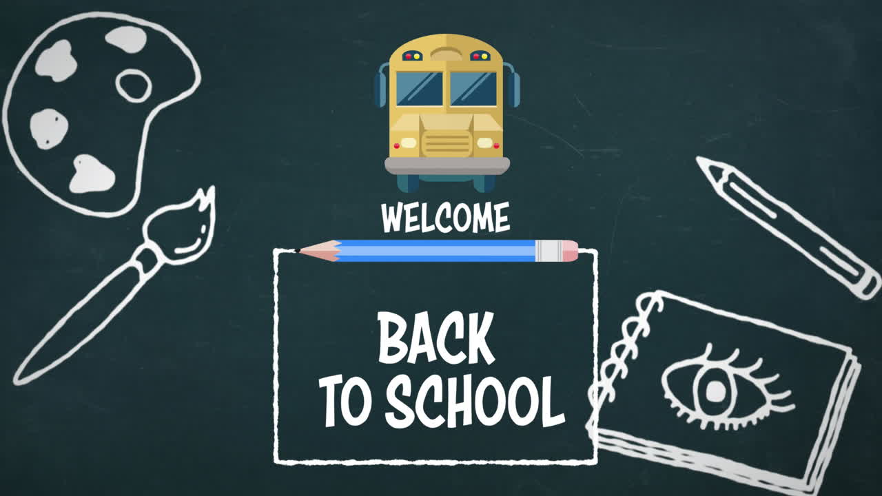 블랙보드에 있는 학교 아이템 아이콘 위에 있는 학교로 돌아가는 텍스트의 애니메이션