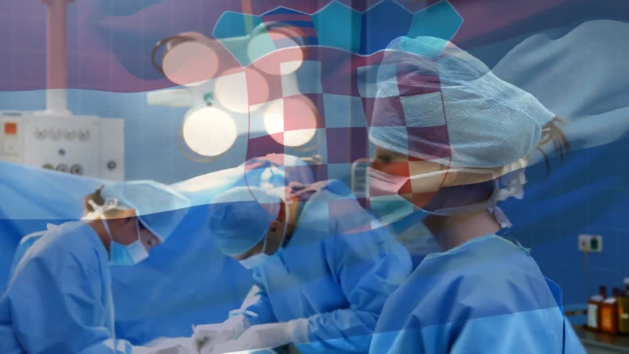 수술실에서 외과 의사 들 위 에 크로아티아 의  ⁇ 발 이 흔들리는 애니메이션