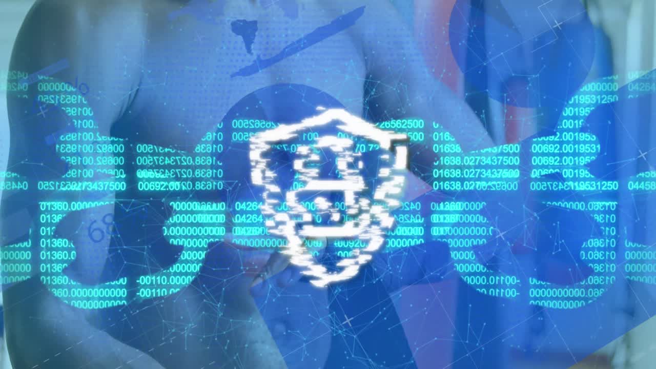 animación de cadena de bloques y candado digital sobre un hombre biracial preparándose para el entrenamiento de la caja