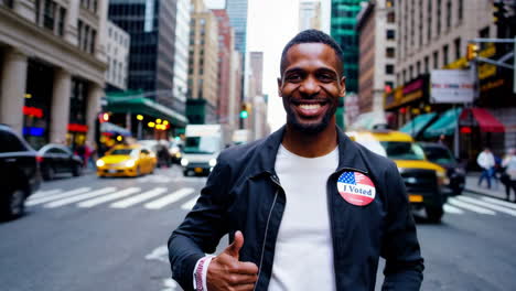 man in new york city with 'i voted' sticker giving a thumbs up