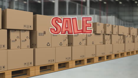 animation of sale text over moving cardboard boxes in warehouse