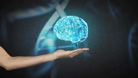 la mano sosteniendo la animación cerebral brillante sobre el fondo de la cadena de adn