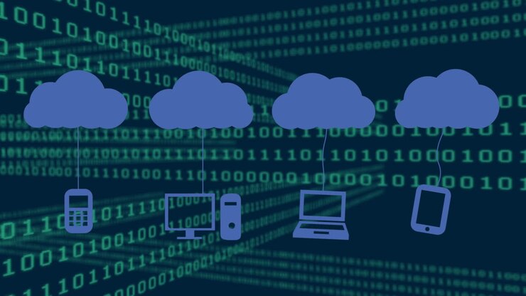 Animation of cloud icons and data processing over dark background