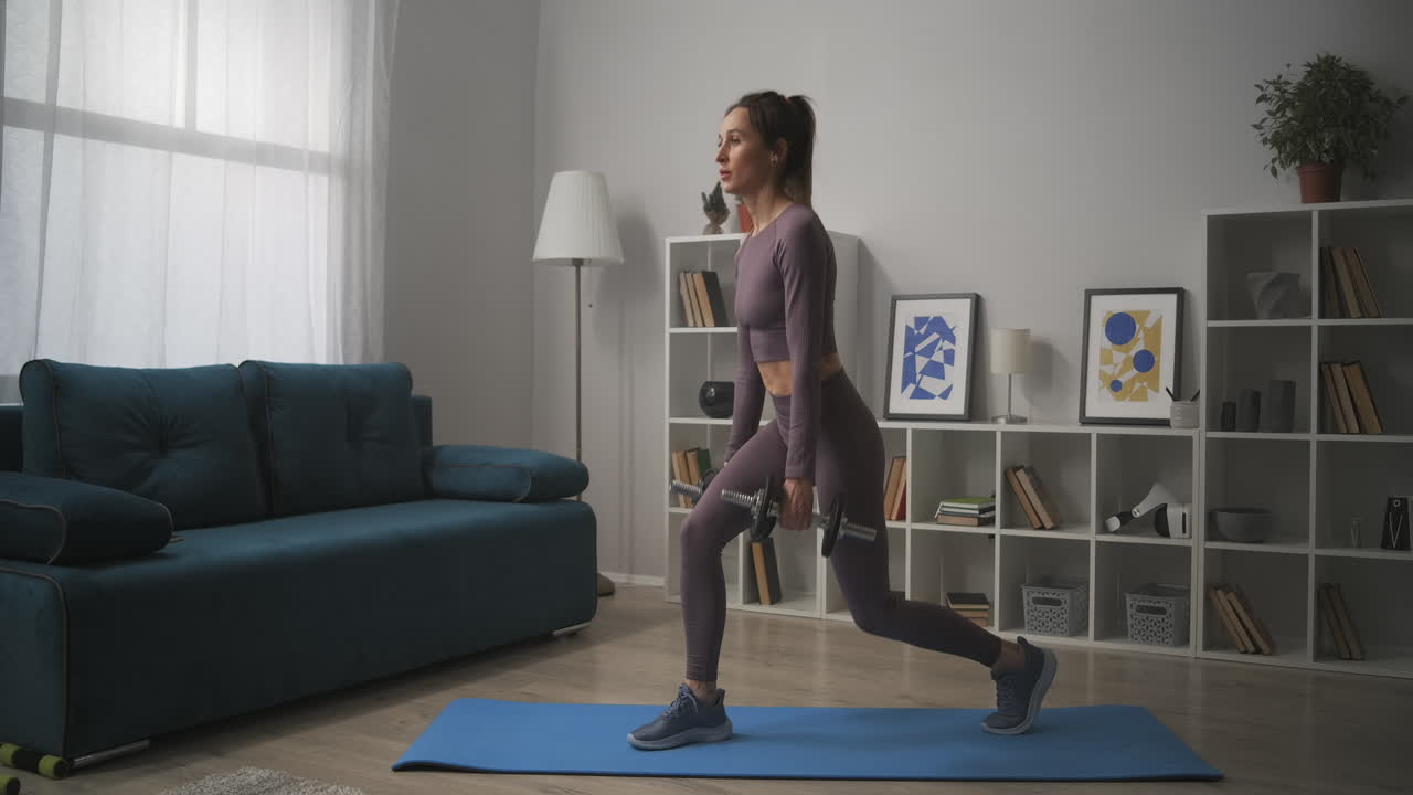 treinamento de fitness em casa de jovem mulher fazendo agachamento com halteres nas mãos trabalhando os músculos das pernas e traseiro bem-estar e conceito de estilo de vida saudável
