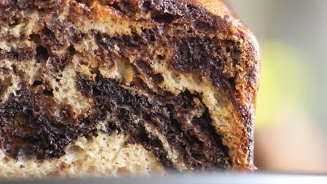 close-up of a chocolate swirl loaf cake
