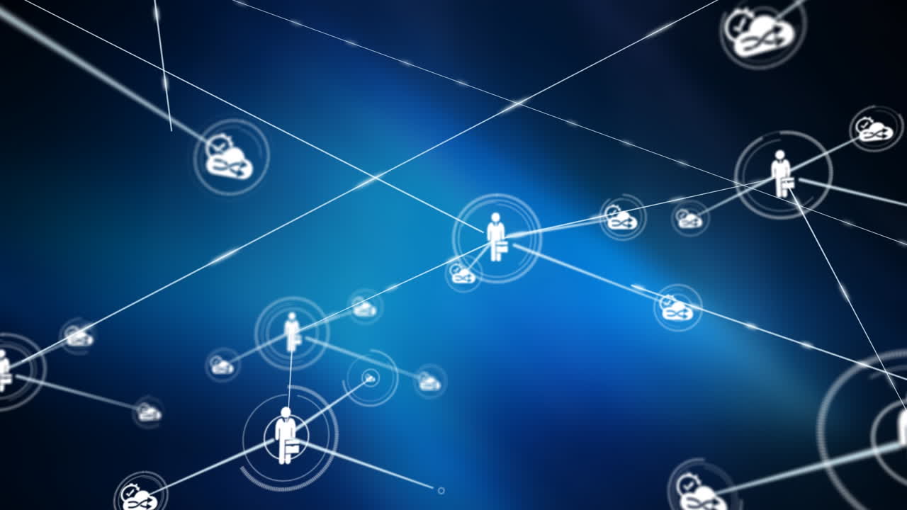 파란색 배경에있는 사람 아이콘과의 연결 네트워크의 애니메이션