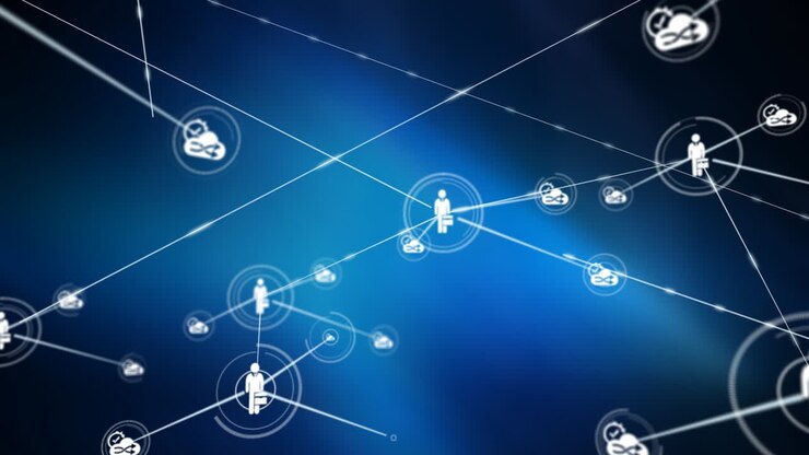 Animation of network of connections with people icons over blue background