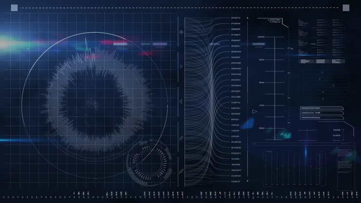 Animation of graphs and diverse data over dark blue screen