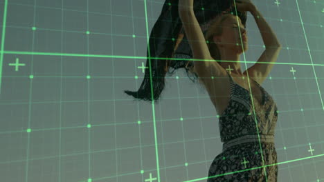 Holding scarf outdoors, woman with digital grid overlay in animation scene