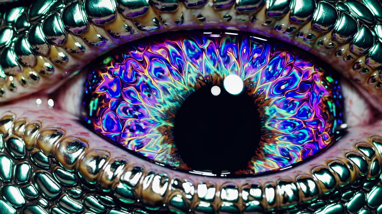 Close-up video of a reptilian eye with intricate, vibrant blue and green patterns