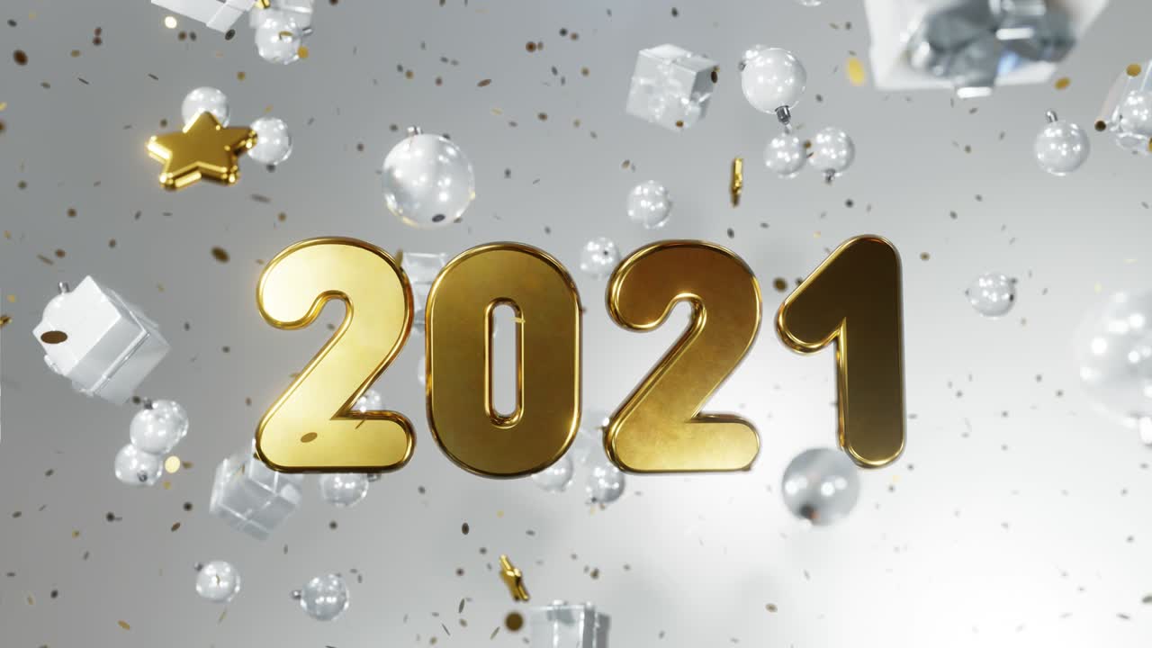 el año nuevo y la navidad 2021. inscripción de oro móvil 2021 en un fondo blanco con confeti dorado, bolas de navidad, cajas de regalos. animación de bucle 3d 4k