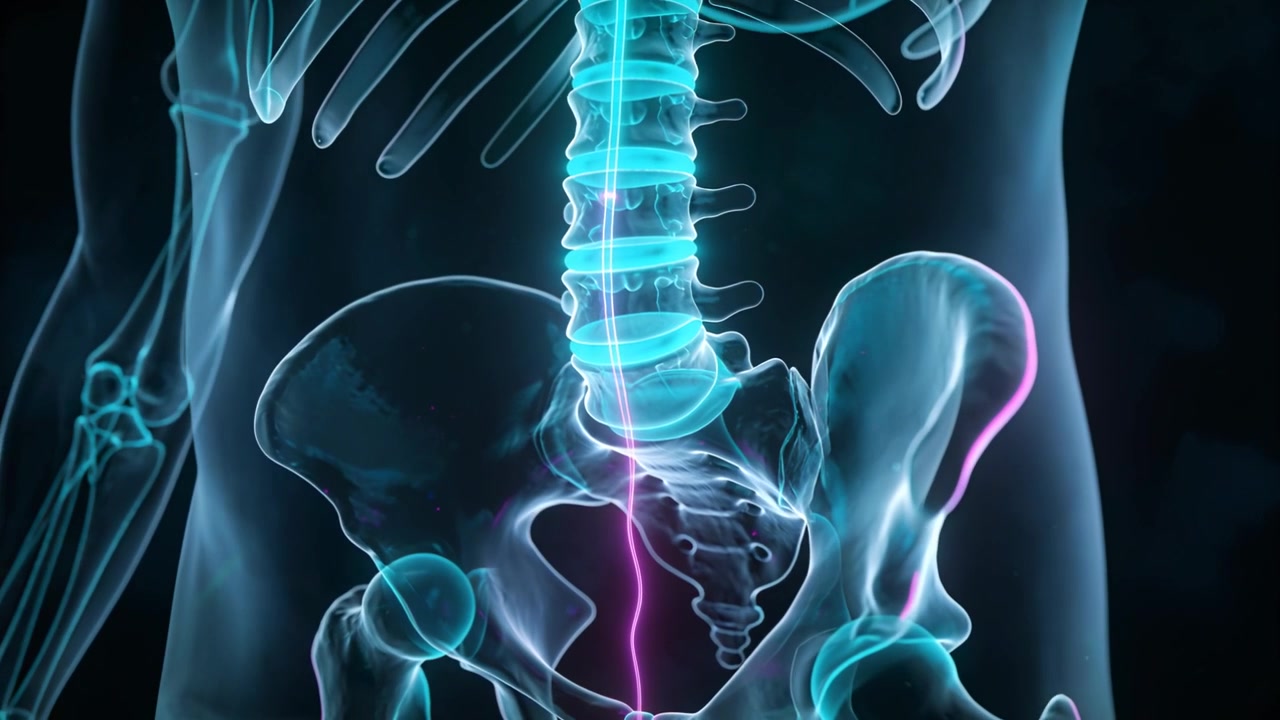 Åbner klinisk 3D, der viser en gennemsigtig torso, som roterer til højre og afslører lænderygsøjlen samt en magenta nerve.
