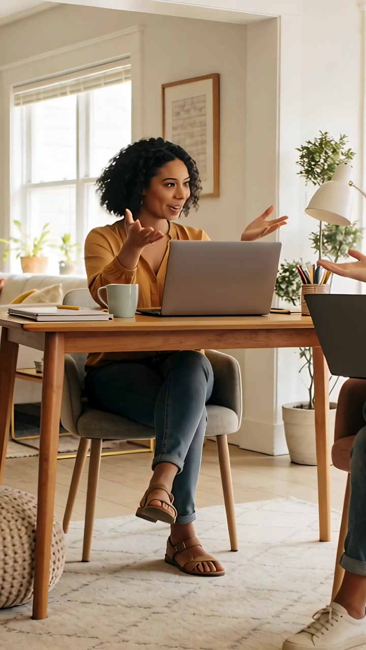 Vertical video: Talking woman in top gesturing, typing as call starts in home with laptop for work