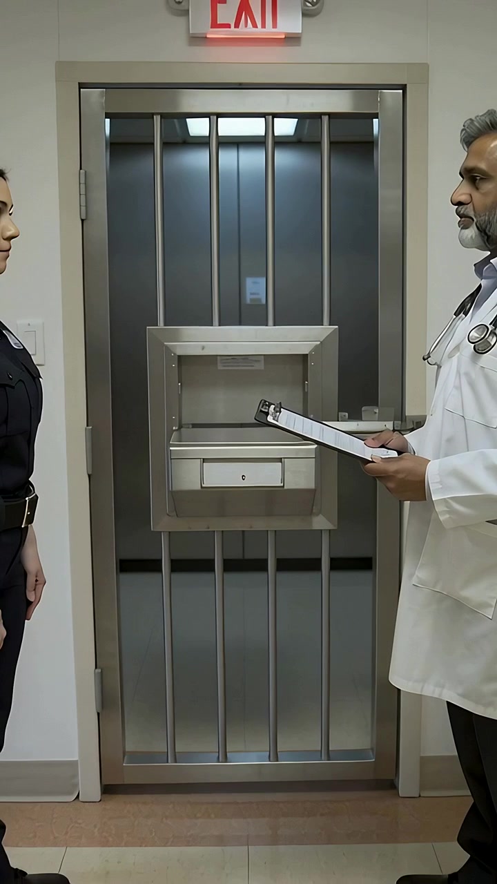 Vertikal video: Uniformerad tjänsteman skjuter över urklippsblock via en lucka och lämnar över papper till en läkare i labbrock.