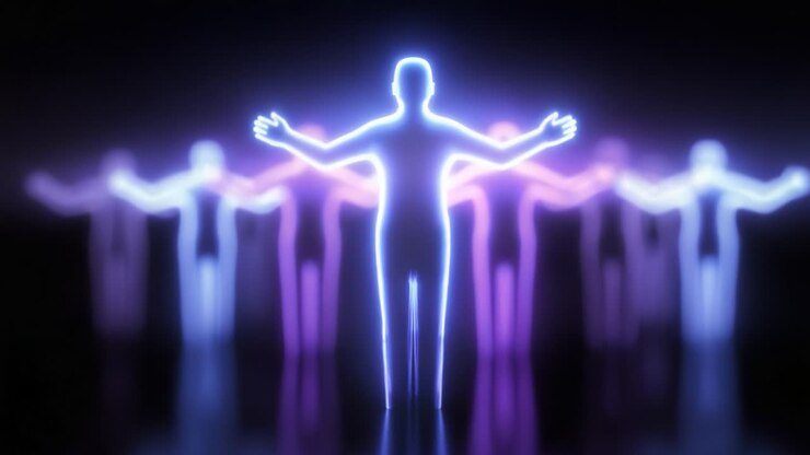 A captivating visual representation of ethereal silhouettes, glowing in mesmerizing neon hues, creating a striking contrast against the dim backdrop, inviting viewers to explore themes of identity and expression