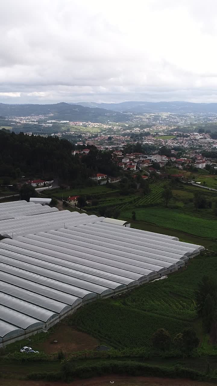 Aerial View of a Large Greenhouse Complex in a Rural Valley