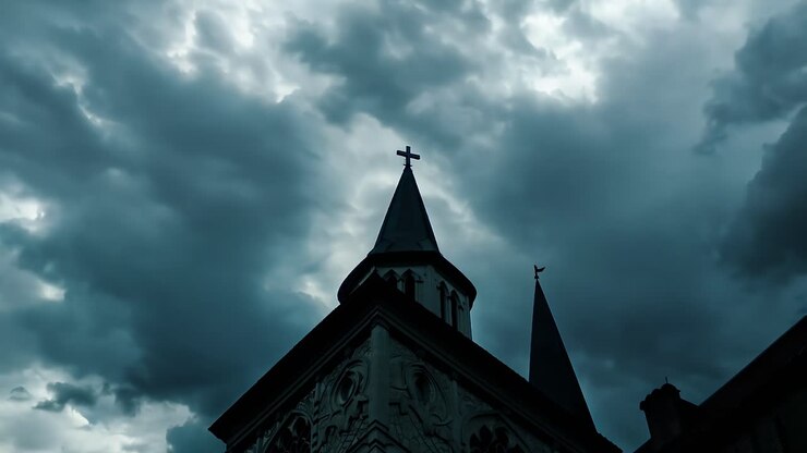 Two spires of a church against a stormy sky