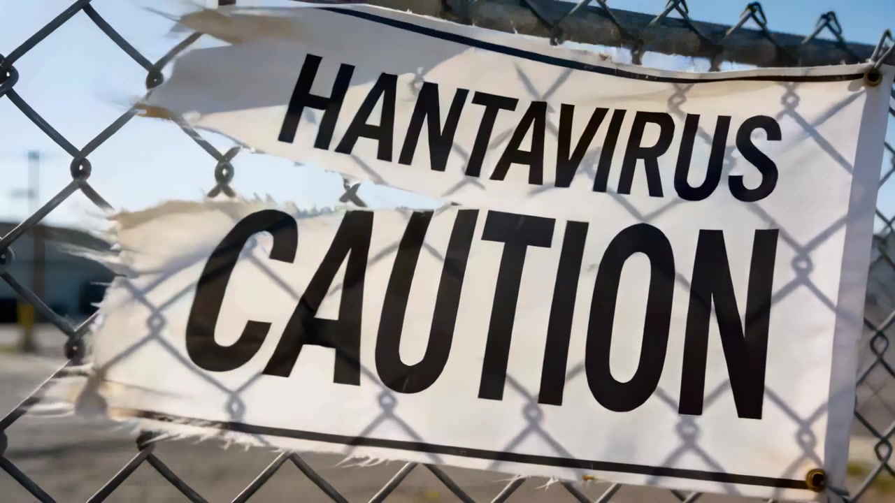 Flapping torn HANTAVIRUS CAUTION sign on chain-link fence at paved lot, wind lifting frayed strips