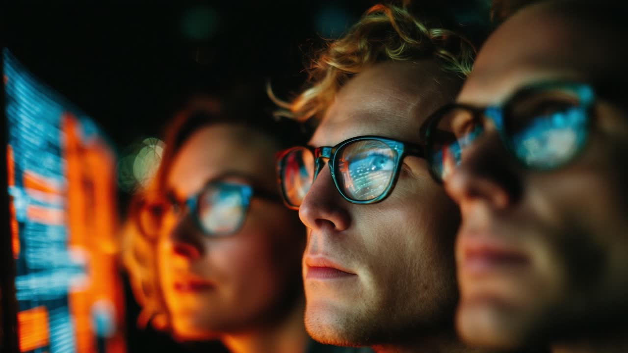 Focused Individuals Engrossed in Digital Display Analysis, Illuminated by Colorful Data Visualization in a Dark Environment