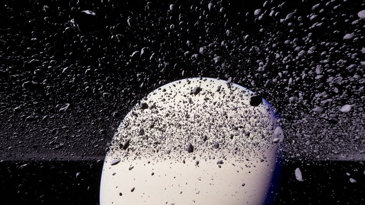 Saturn surrounded by rings of ice and rock particles in deep space