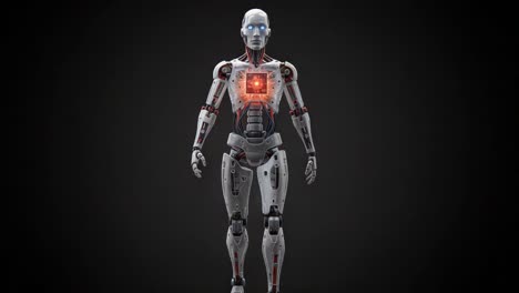 futuristic cybernetic being with illuminated core and advanced robotics, showcasing evolution of artificial intelligence and human-like features in a dark environment