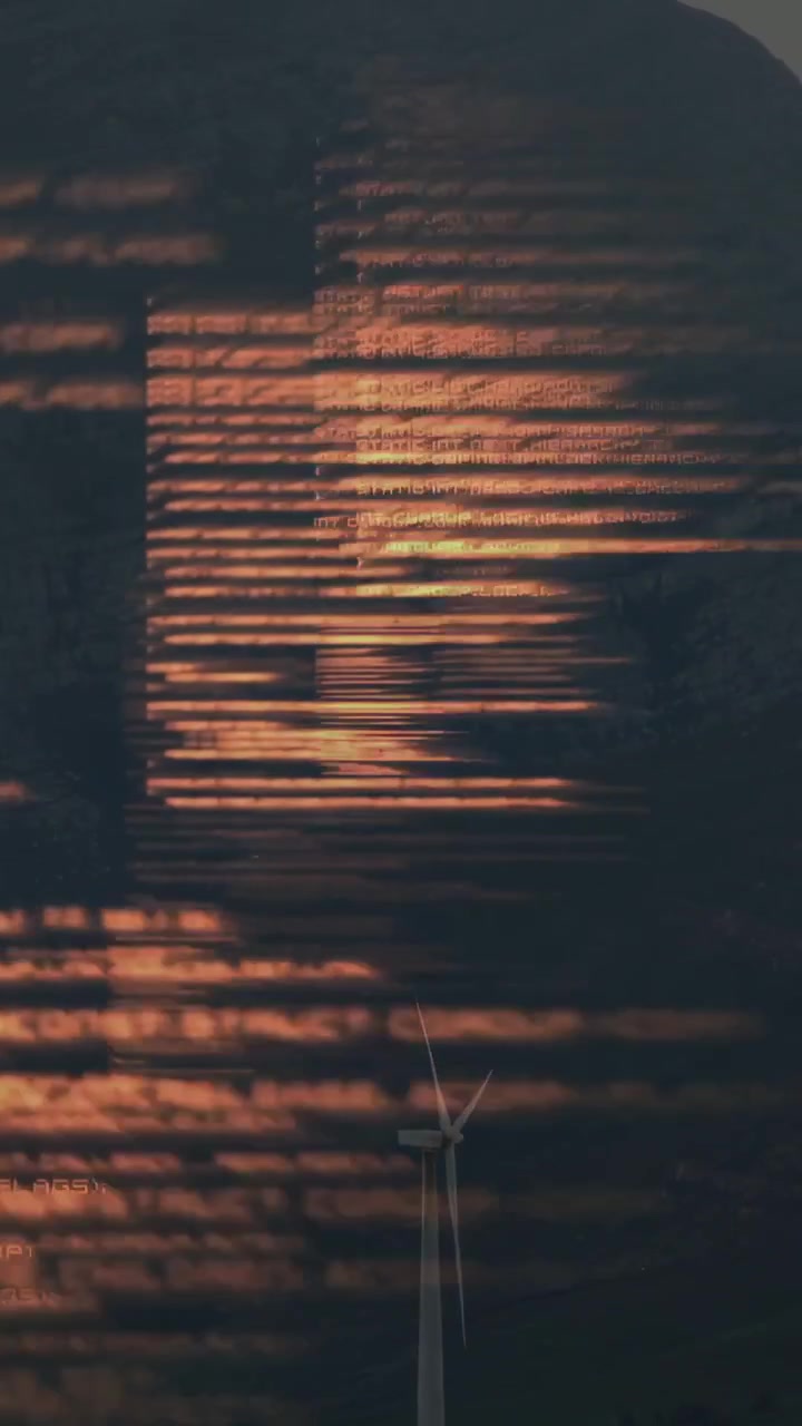 Video vertical: Turbina emergiendo como bandas de falla doradas pulsando desde la luz, revelando una escena de energía.