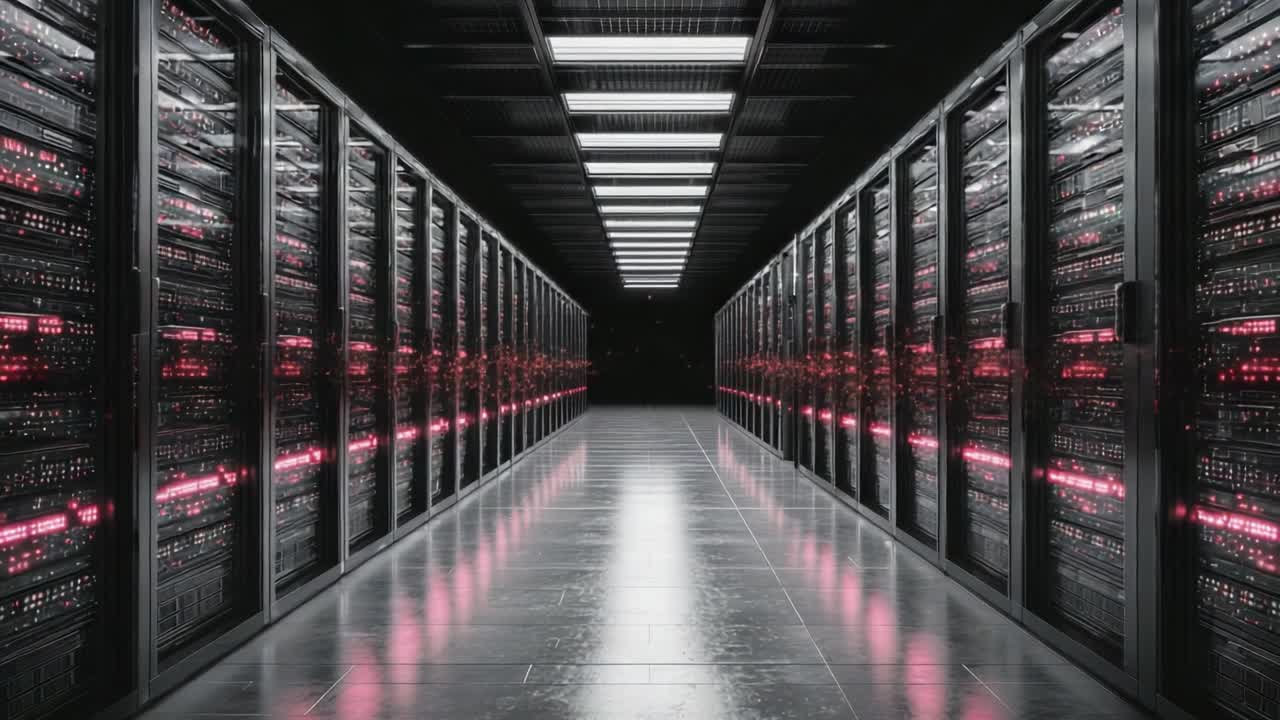 A Glimpse into the Heart of Modern Data Center Infrastructure Featuring Rows of High-Performance Server Racks Illuminated by Dynamic Lights