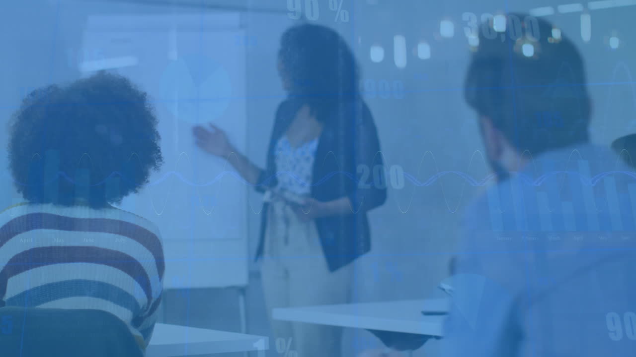 Animation of financial data processing over diverse business people in office