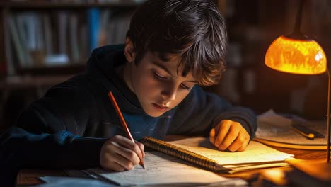 concentrated young student diligently writing in notebook under warm lamp light, studying intently at library desk during evening hours with focused academic dedication