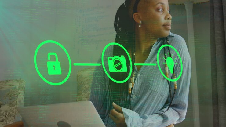 Animation of network of digital icons against african american woman looking out of window at home