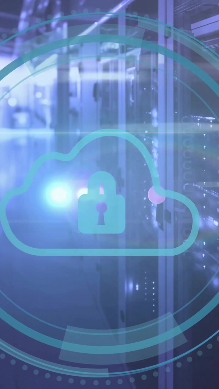Animation of padlock and cloud icon and digital data processing over computer servers