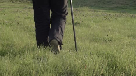 mujer caminando con bastón en el campo