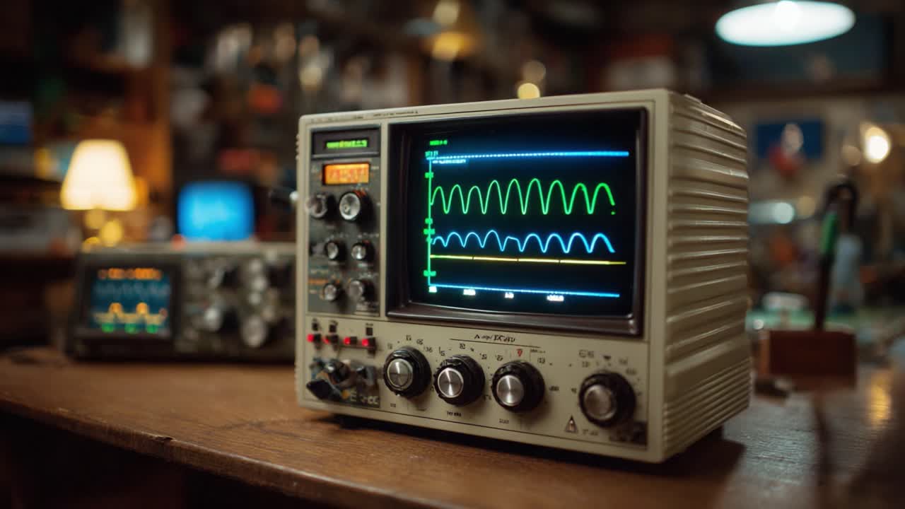 Pemeriksaan Mendalam tentang Bentuk Gelombang Elektronik yang Ditampilkan pada Osiloskop, Menangkap Kerumitan Analisis Sinyal dalam Pengaturan Laboratorium Vintage