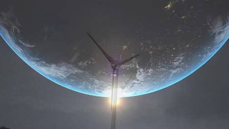 animation of spinning globe over wind turbine