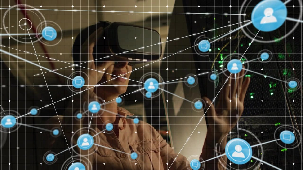 Woman wearing VR headset raising hand toward HUD, growing user node and visualizing data network