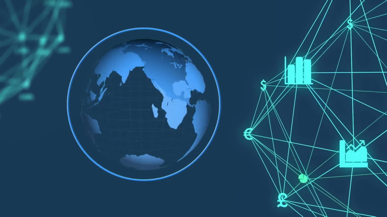 Animation of network of connections with icons over globe