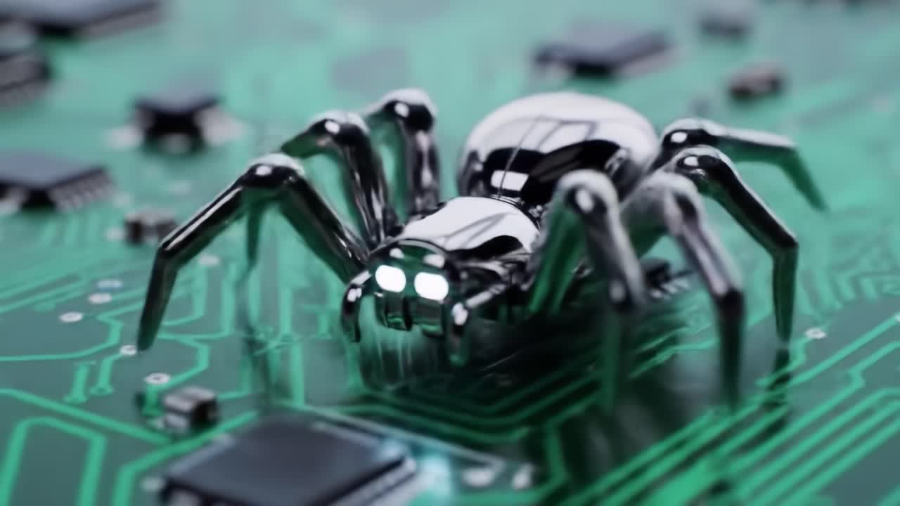 A captivating close-up of a metallic robotic spider navigating a complex circuit board, showcasing a fusion of nature and technology in a mesmerizing digital landscape.