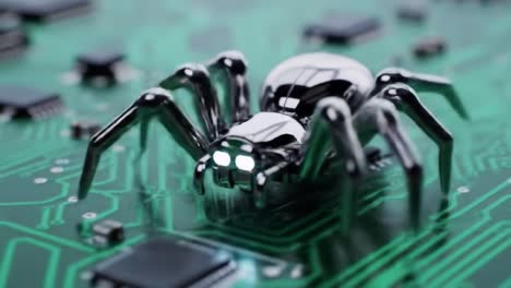 a captivating close-up of a metallic robotic spider navigating a complex circuit board, showcasing a fusion of nature and technology in a mesmerizing digital landscape.