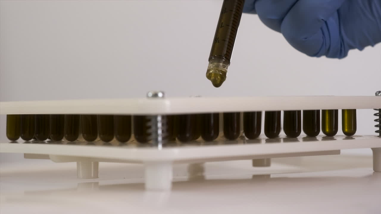 cada cápsula recibe once gotas de aceite medicado de la mano enguantada