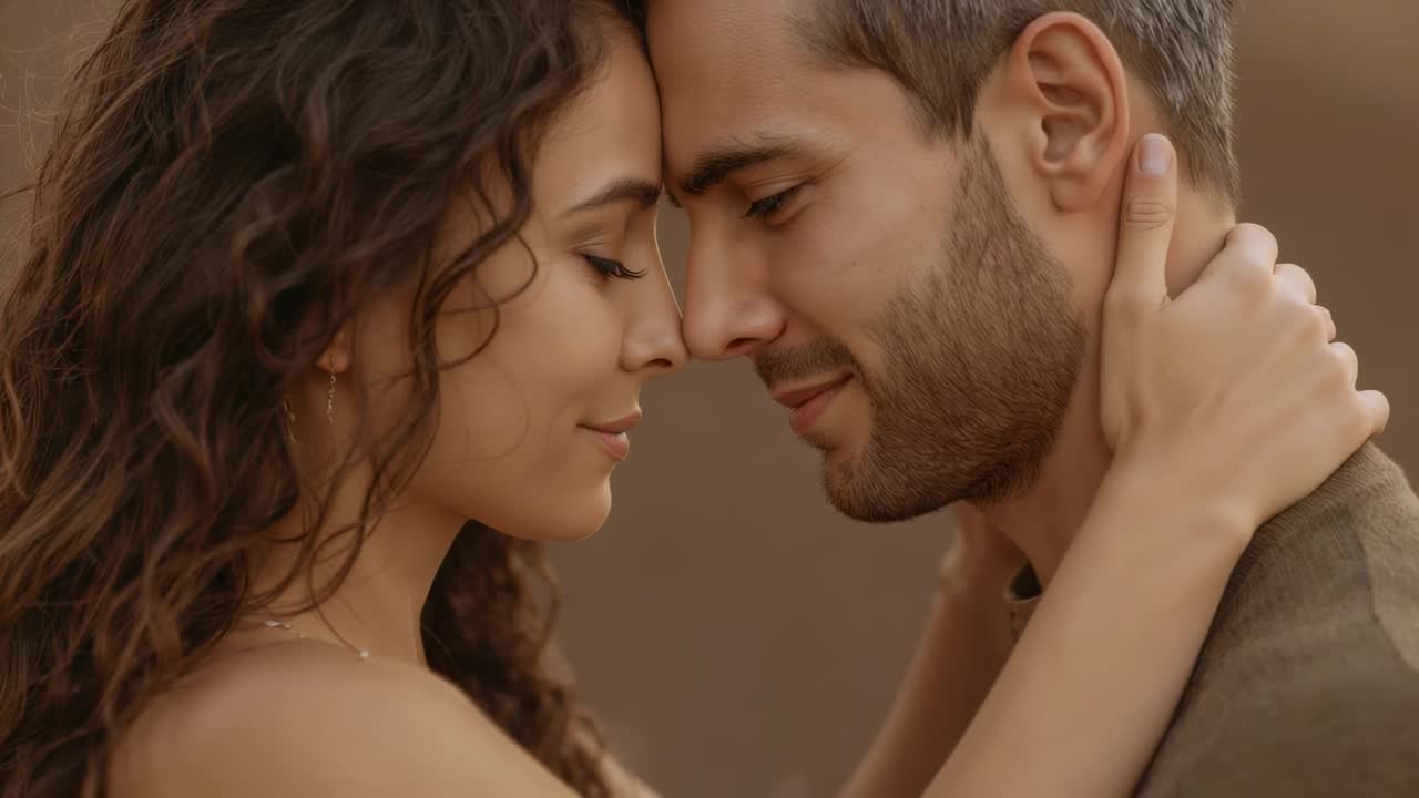 Cradling woman holding man's neck after touch in studio, man in brown top, hoop earring, affection