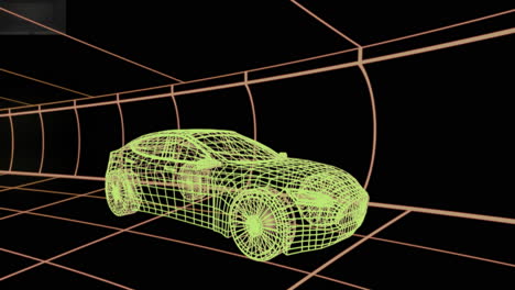 animación de un dibujo de coche 3d que se mueve en un túnel de cuadrícula sobre un fondo negro