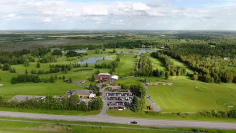 Distant-aerial-view-of-a-golf-course-on-a-sunny-summer-day