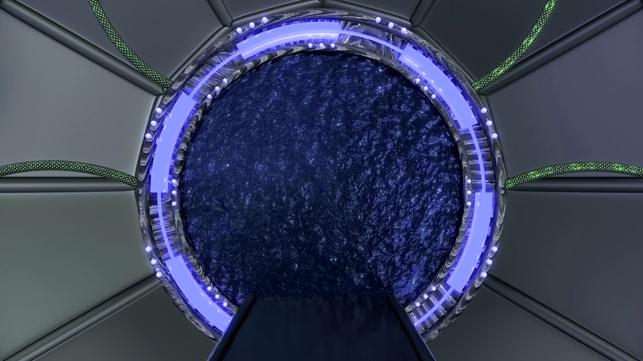 vista panorámica de la escena del paisaje de la estación. animación en 3d de cerca fondo abstracto de corredor de ciencia ficción con portal. tecnología futurista abstracto vj sin costuras para títulos tecnológicos y fondo.