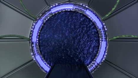 panoramic view to the station landscape scene. close up 3d animation abstract background of sci-fi corridor with portal. futuristic technology abstract seamless vj for tech titles and background.