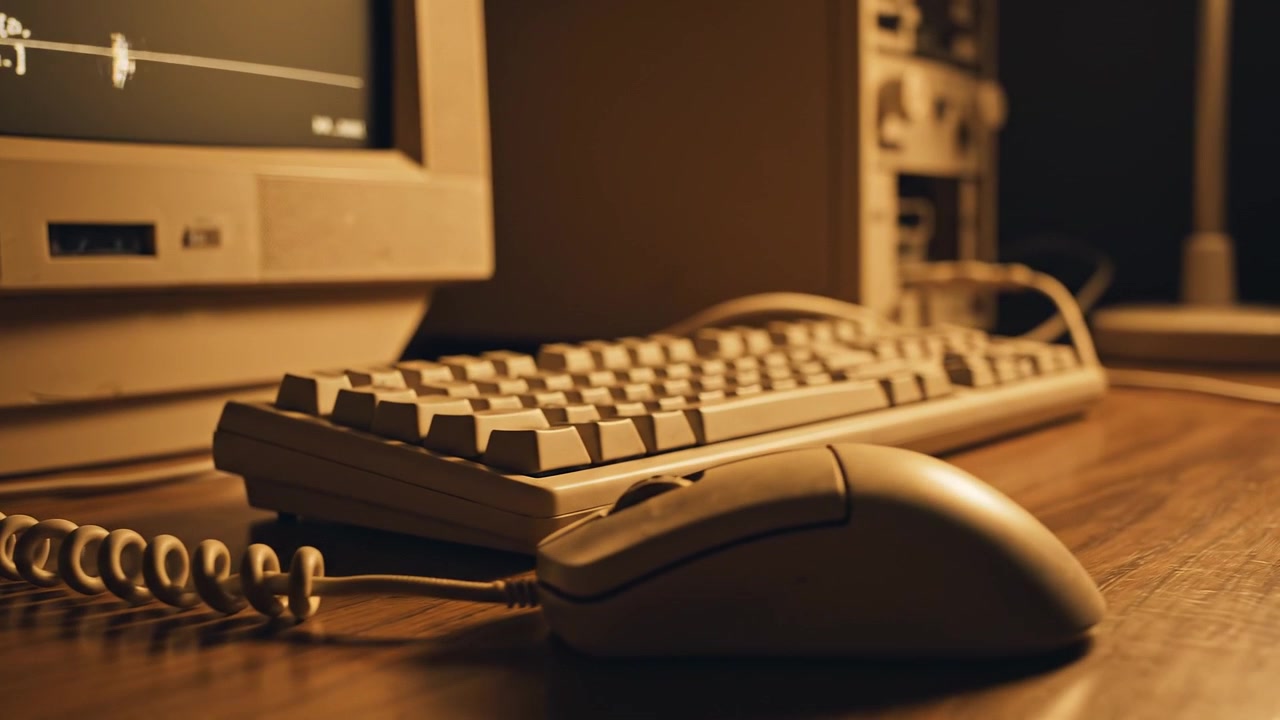 Vintage desktop computer with keyboard and monitor in warm light