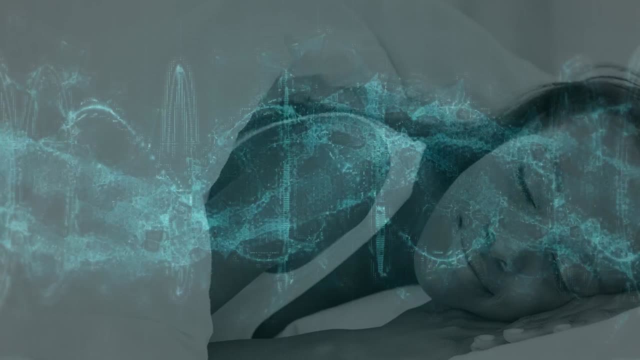 dna 헬릭스의 애니메이션, 미소 짓는 아프리카계 미국 여성이 침대에 휴식을 취하고 있는 모습