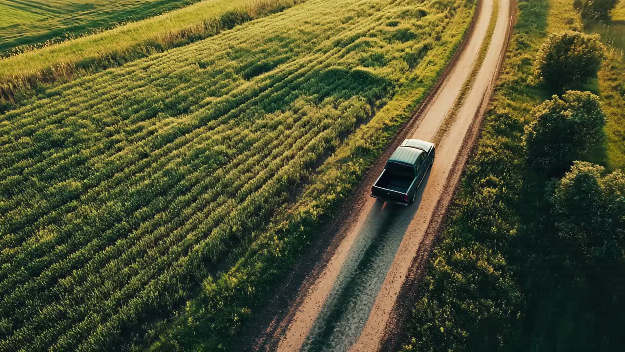 Pickup Truck on a Country Road through Fields