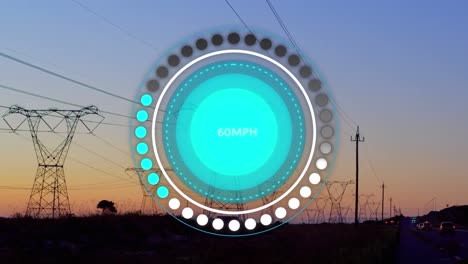 Animation-of-speedometer-over-multiple-mobile-towers-against-sunset-sky
