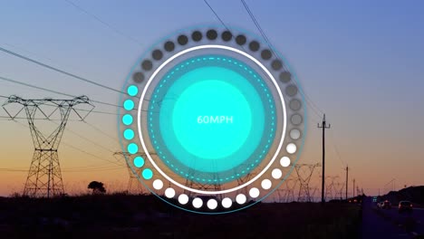 animación del velocímetro sobre múltiples torres móviles contra el cielo al atardecer